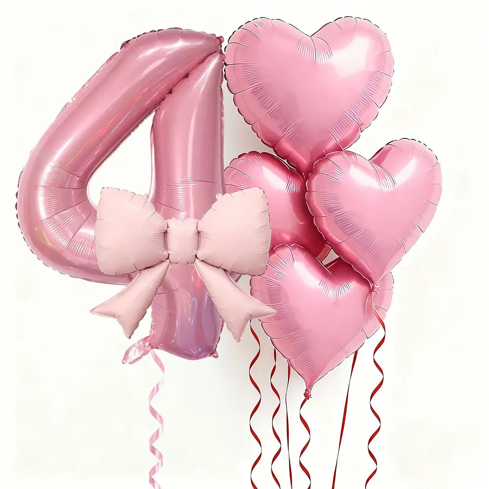 Pink Bow Heart and Number Foil Balloon Set for Celebrations