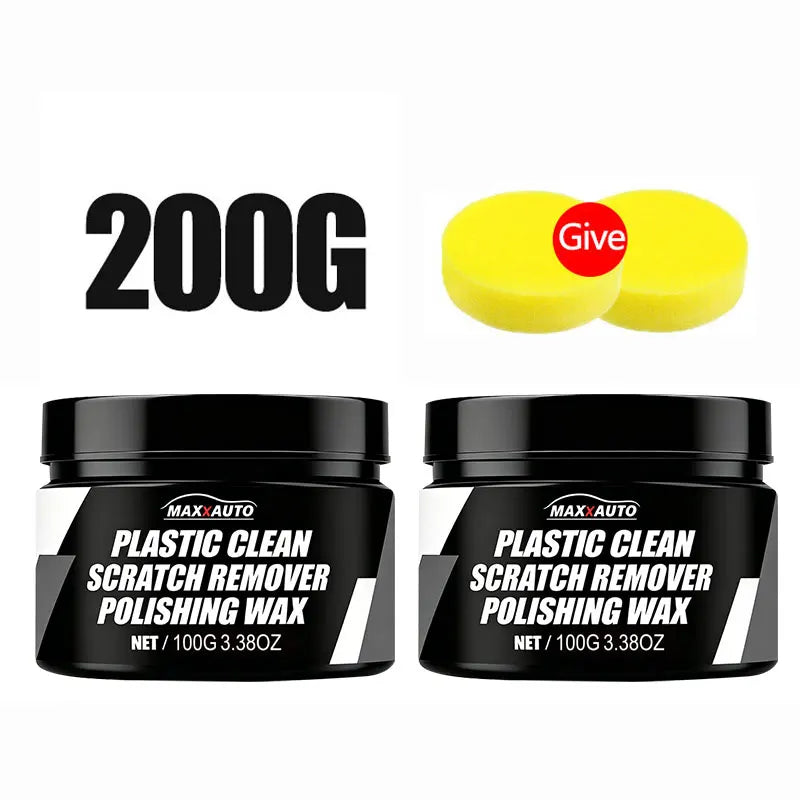 Jar of Plastic Clean Scratch Remover Polishing Wax and a yellow disc for auto paint repair