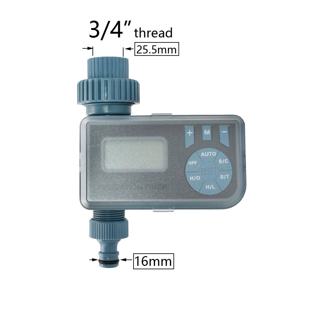 A gray drip irrigation kit featuring a 3/4 inch thread and a 16mm threaded connection.