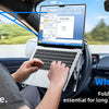 A man uses a foldable aluminum laptop stand to mount a laptop on the car steering wheel for comfortable viewing.