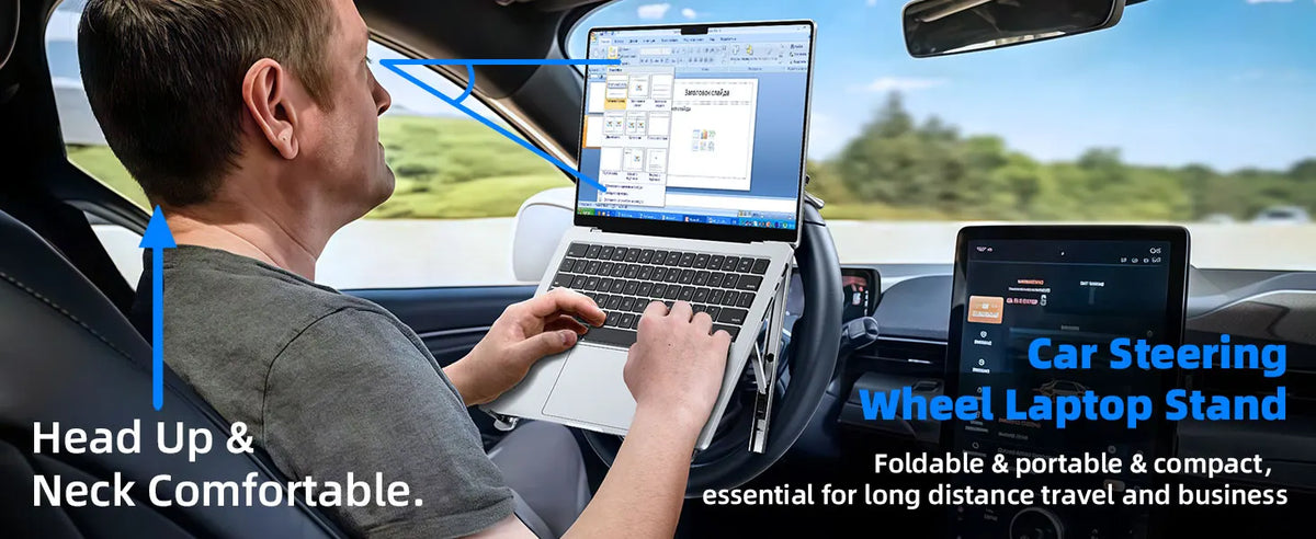 A man uses a foldable aluminum laptop stand to mount a laptop on the car steering wheel for comfortable viewing.
