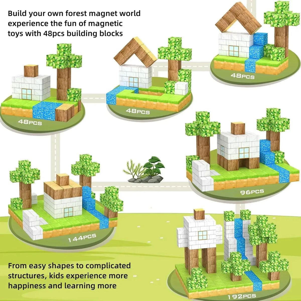 A collection of magnetic building blocks showing various structures built from simple shapes, including houses and trees.