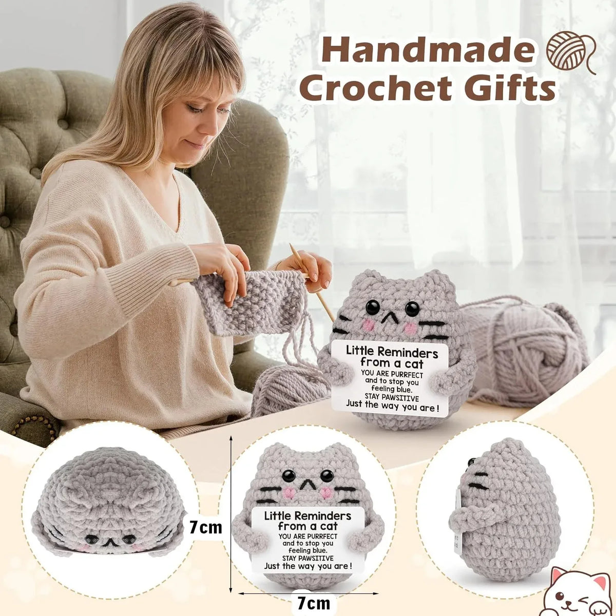 Handmade crochet pocket hug dolls in various sizes and colors with cute cat faces