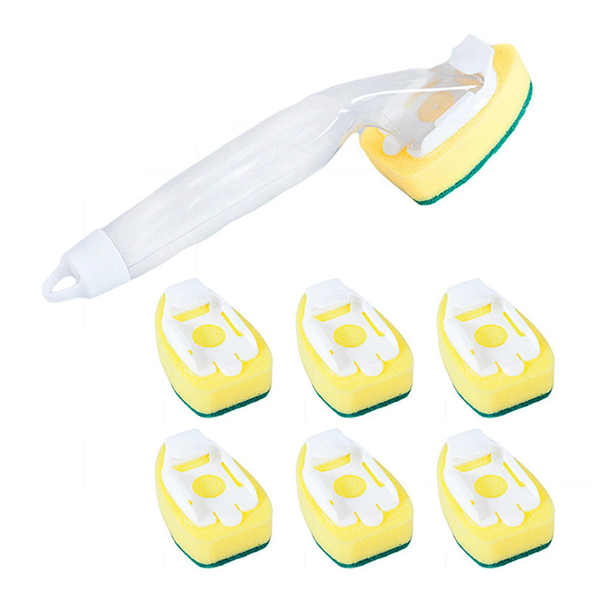 A white dish wand soap dispensing brush with four yellow replacement sponge heads.