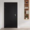 A matte black door with a vertical silver handle and wood grain texture.