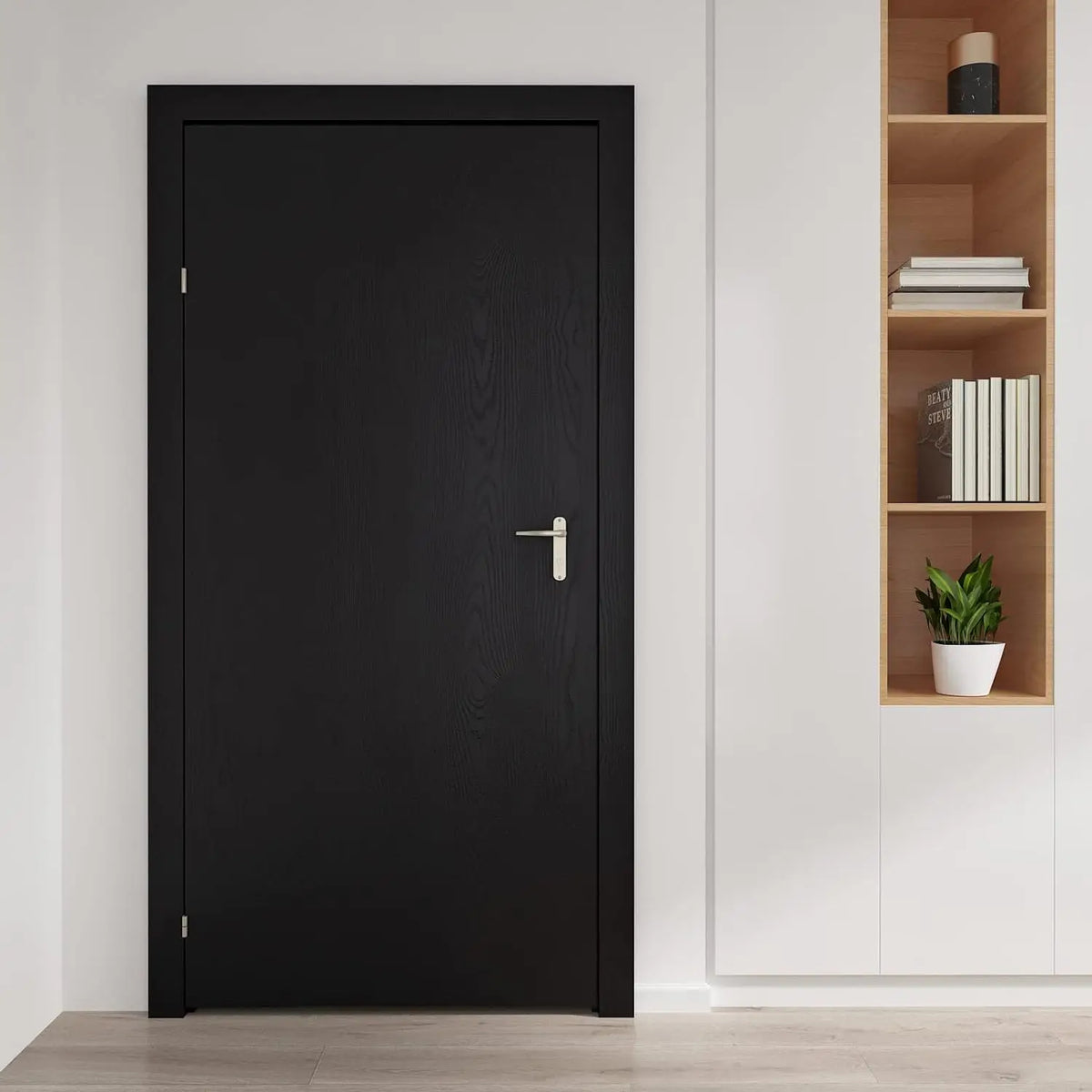 A matte black door with a vertical silver handle and wood grain texture.