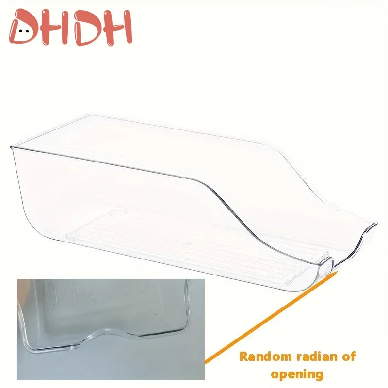 Clear plastic refrigerator storage bin with a curved opening shown from the side and a close-up of the opening.