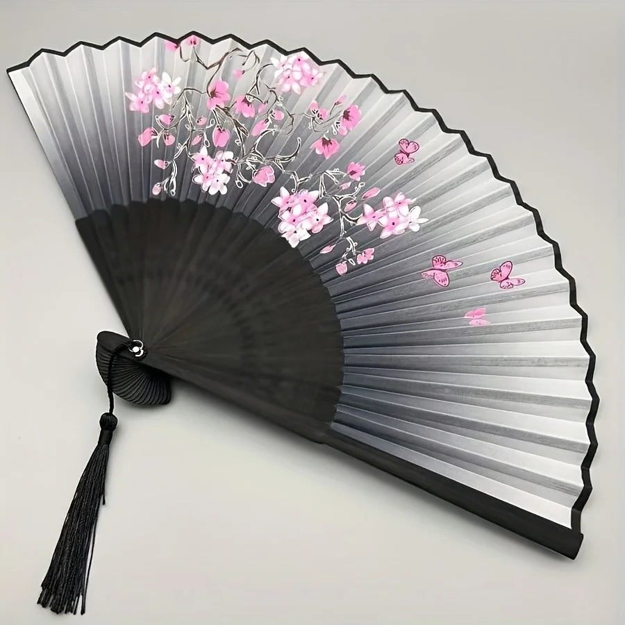 Vintage Floral Hand Fan with Cherry Blossom Artwork