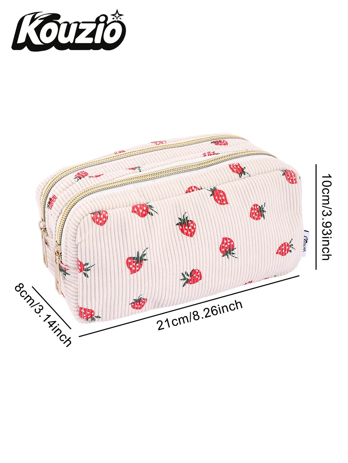 A light pink double-zip pencil case with a repeating red strawberry pattern.