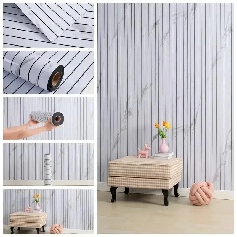 Rolls of self-adhesive 3D wood grain wallpaper panel showing application and texture.