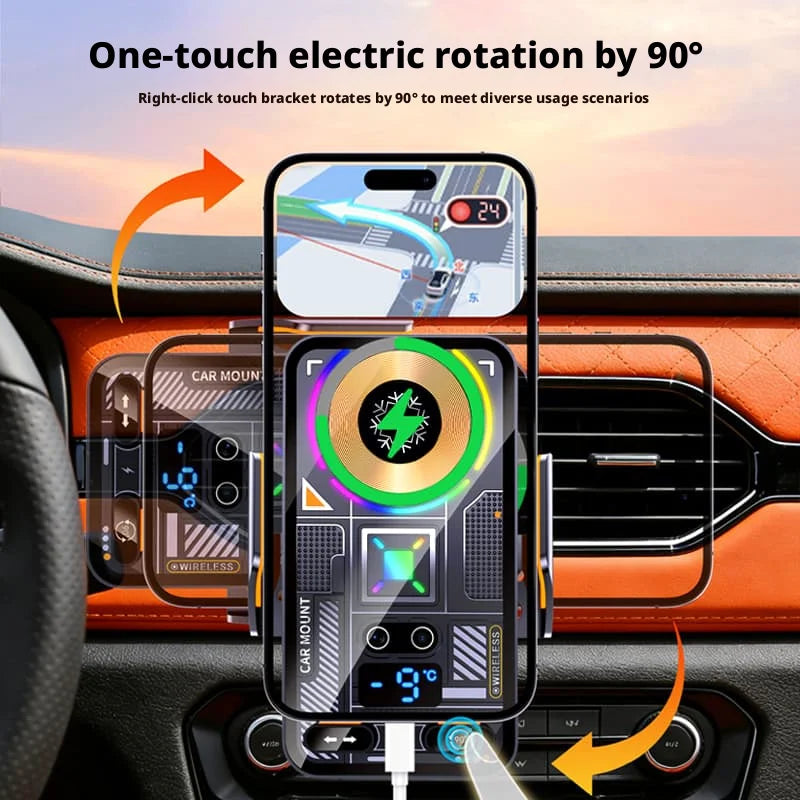 A smartphone is shown mounted in a car holder, demonstrating one-touch electric rotation by 90 degrees.
