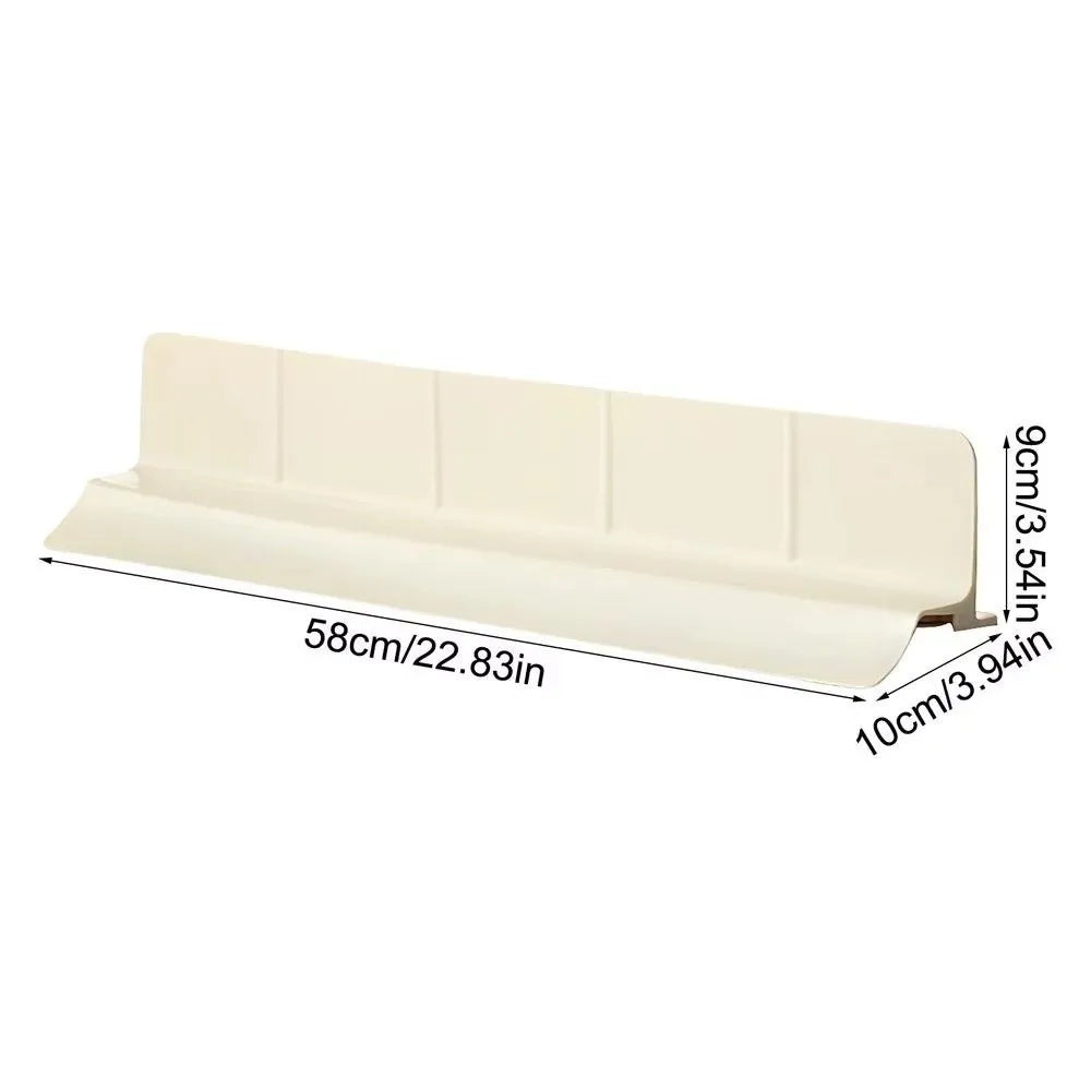A rectangular, off-white flexible silicone sink splash guard with suction cup features and dimensions.