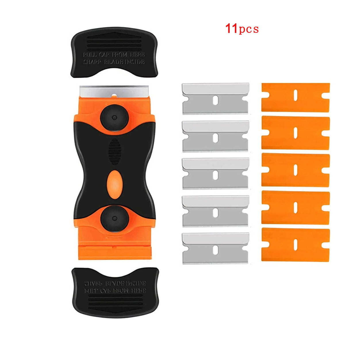 A set of 11 razor blade scraper tools including a handle and multiple blades for removing stickers, paint, and adhesive.