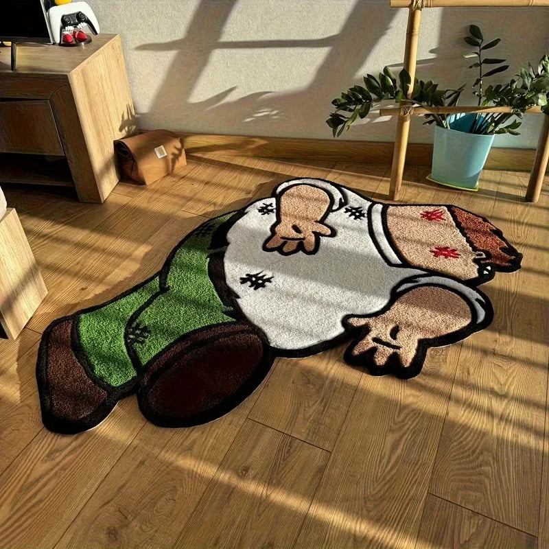 A playful cartoon carpet featuring brown, green, and white sections lying on a wooden floor.