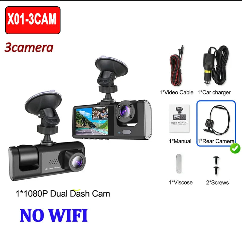 3-Lens WiFi Dash Cam with Front, Interior & Rear Cameras
