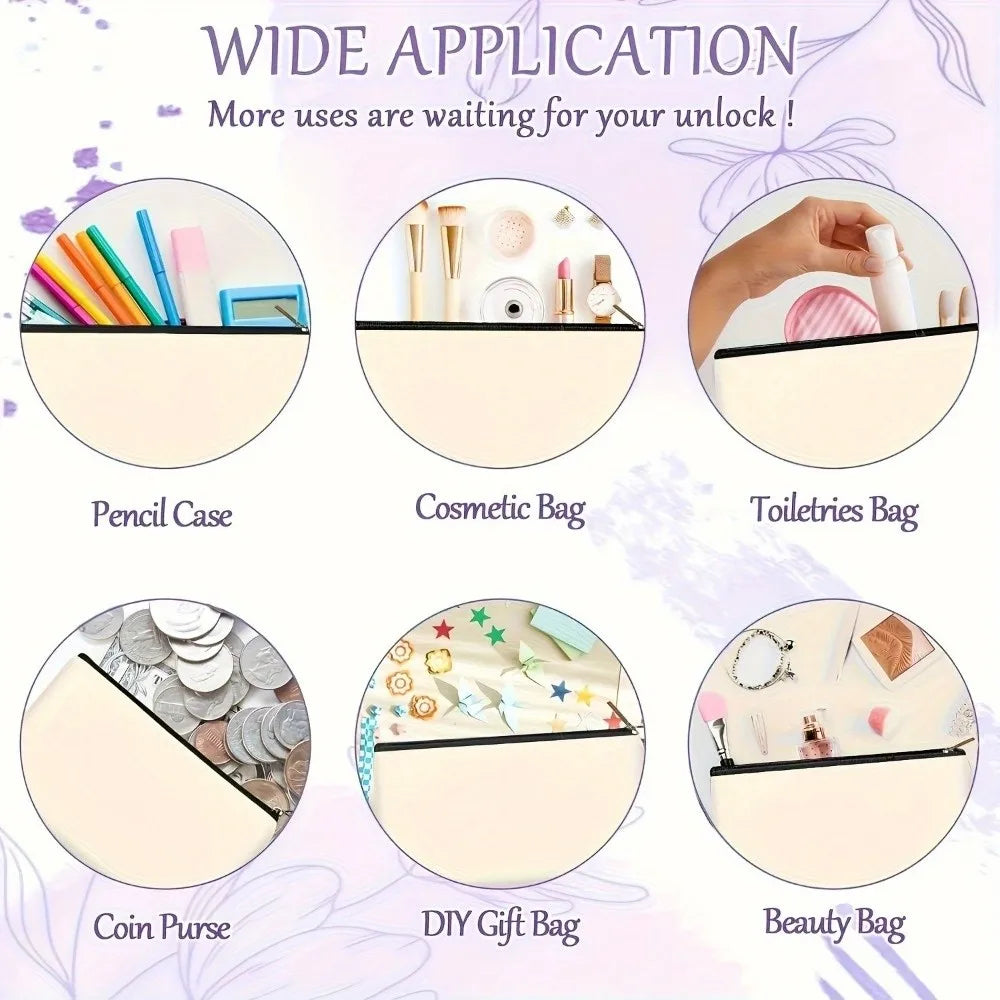 A collection of various storage pouches including a pencil case, cosmetic bag, toiletries bag, coin purse, DIY gift bag, and 