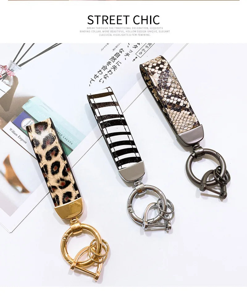 Zebra Print Leather Keychain with Animal Pattern