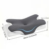 Grauer ergonomischer Memory-Foam-Nackenkissen mit blauem LED-Licht, flach dargestellt.