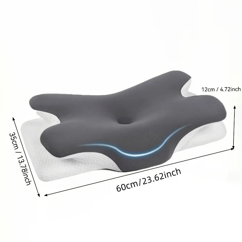 Grauer ergonomischer Memory-Foam-Nackenkissen mit blauem LED-Licht, flach dargestellt.