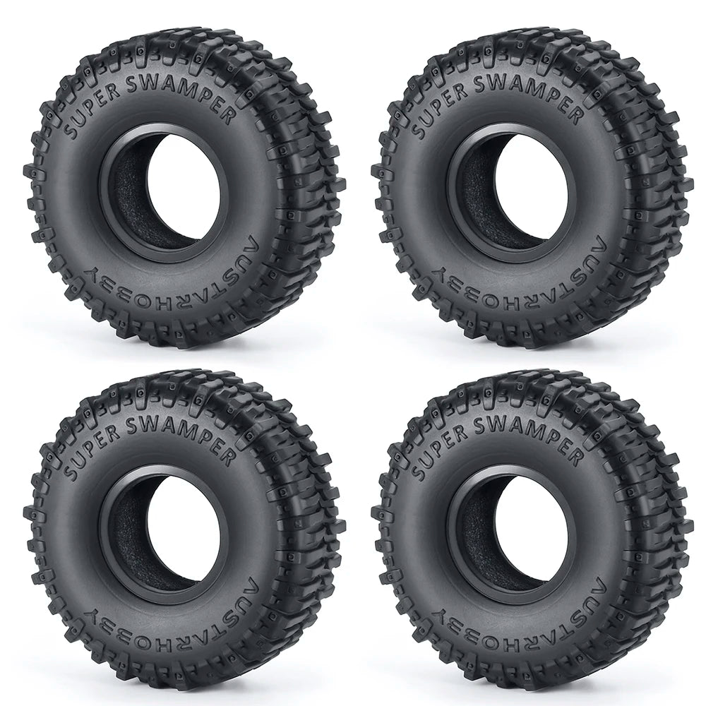 Four views of black Super Swamper soft rubber tires for RC crawler cars