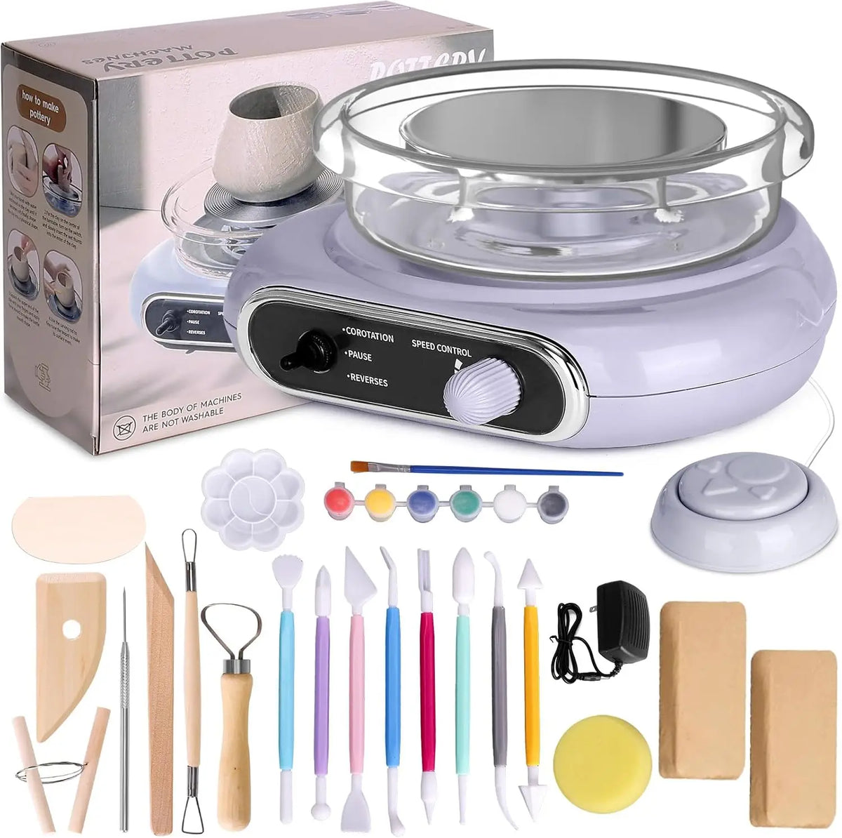 A box and set of tools for a mini pottery wheel kit including various sculpting and shaping tools.