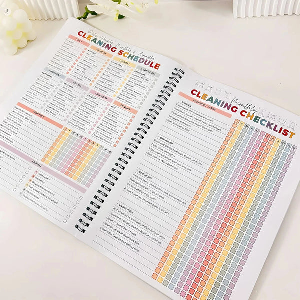 Seite eines Putzplanners mit täglichen, wöchentlichen und monatlichen Reinigungsplänen und Checklisten.