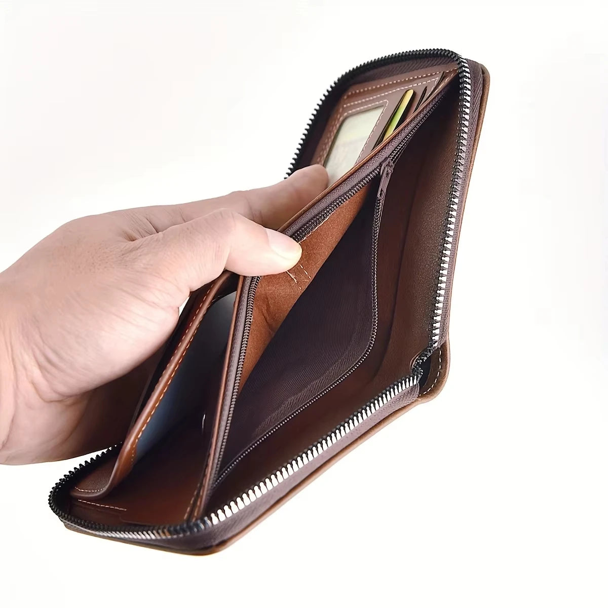 Men's Waxed Leather Card Holder Wallet with Zipper Coin Pocket