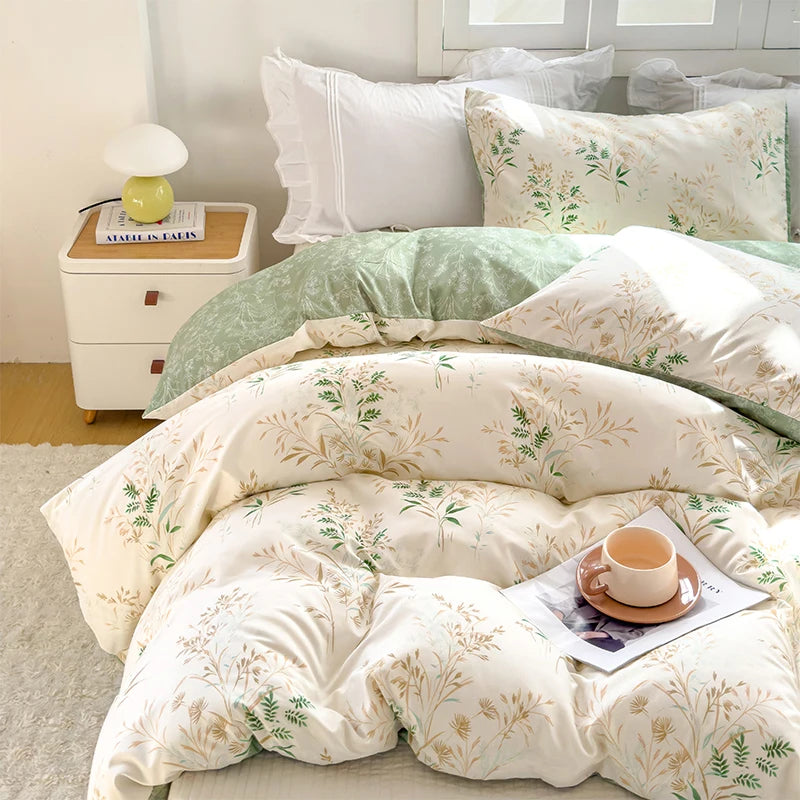 Elegant floral tea art print duvet cover set featuring white and sage green tones.