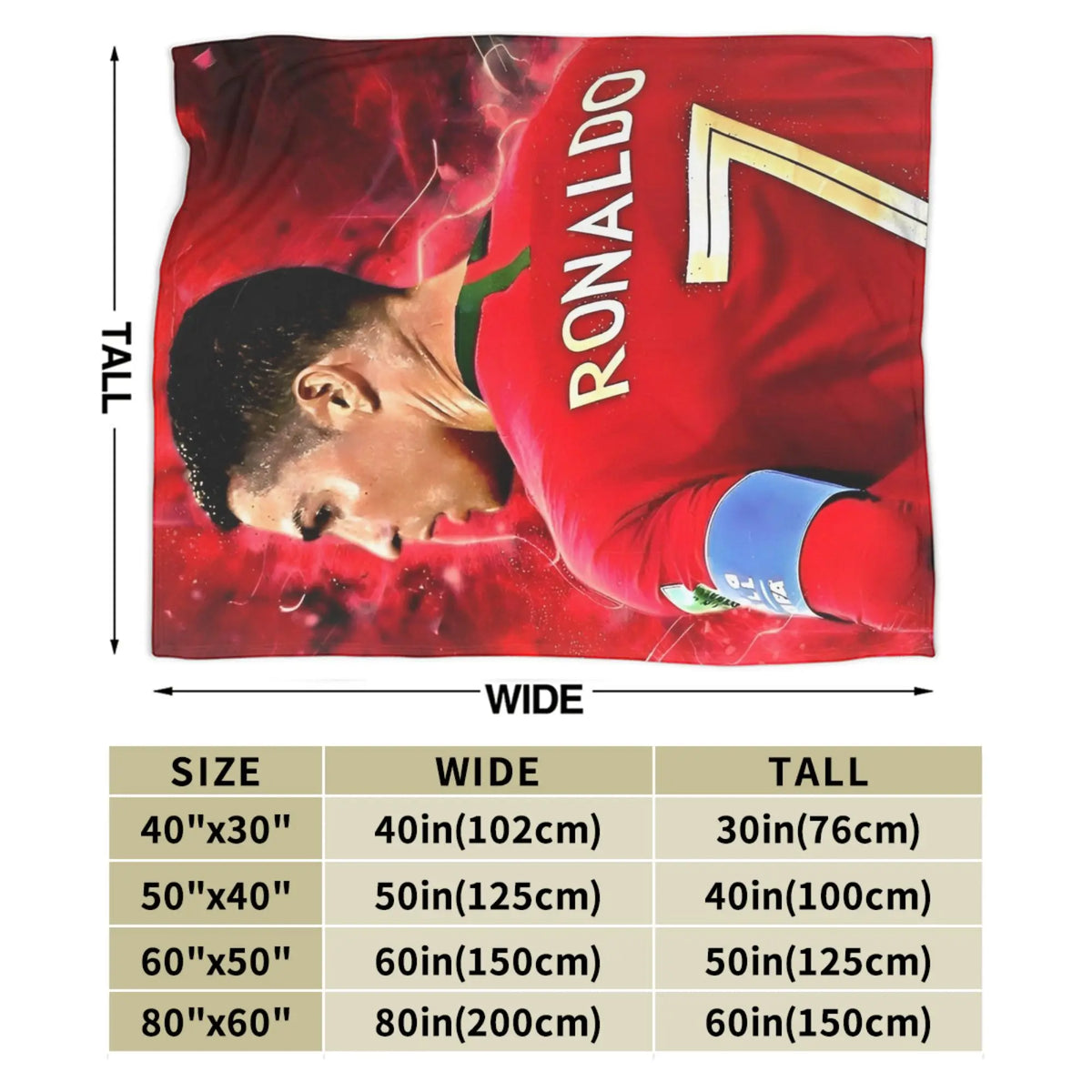 Rote Decke mit Grafik des Gesichts eines Fußballspielers und dem Namen RONALDO