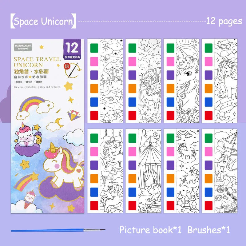 A picture book titled Space Unicorn with 12 pages featuring unicorn and space themes for watercolor painting.