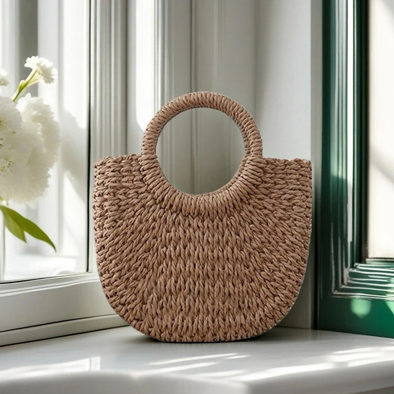 Handwoven Rattan Half-Moon Beach Bag