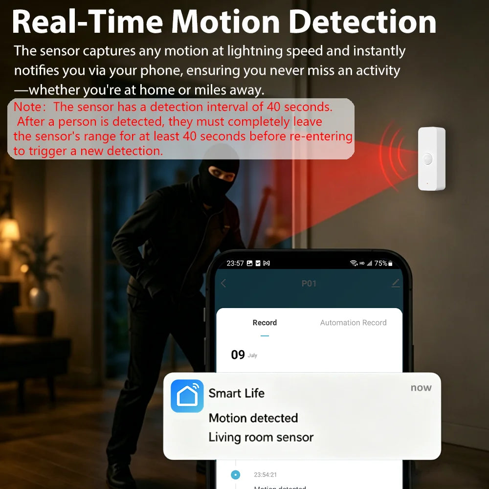A person in a black outfit is detected by a smart motion sensor, triggering an alert on a smartphone screen.