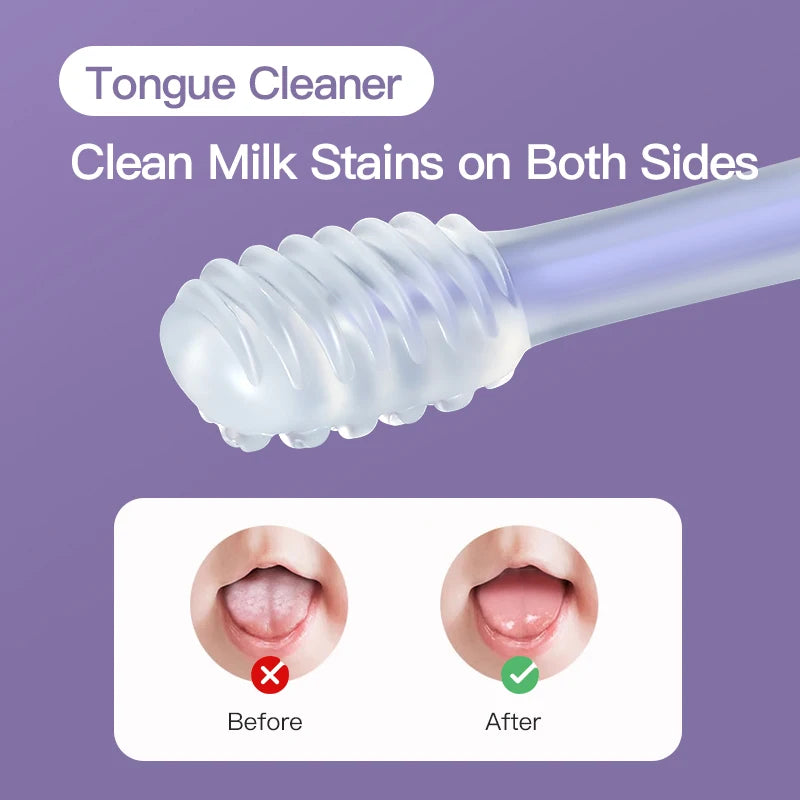 A clear silicone tongue cleaner is shown next to before and after images demonstrating its effectiveness on milk stains.