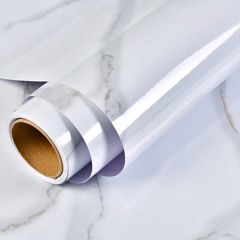 Roll of white self-adhesive marble wallpaper for kitchen, bathroom, and furniture