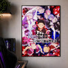 A vertical poster featuring characters from Re:Zero in a vibrant, dramatic style with red and purple tones.