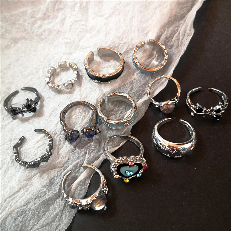 Punk Crystal Heart Butterfly Geometric Ring