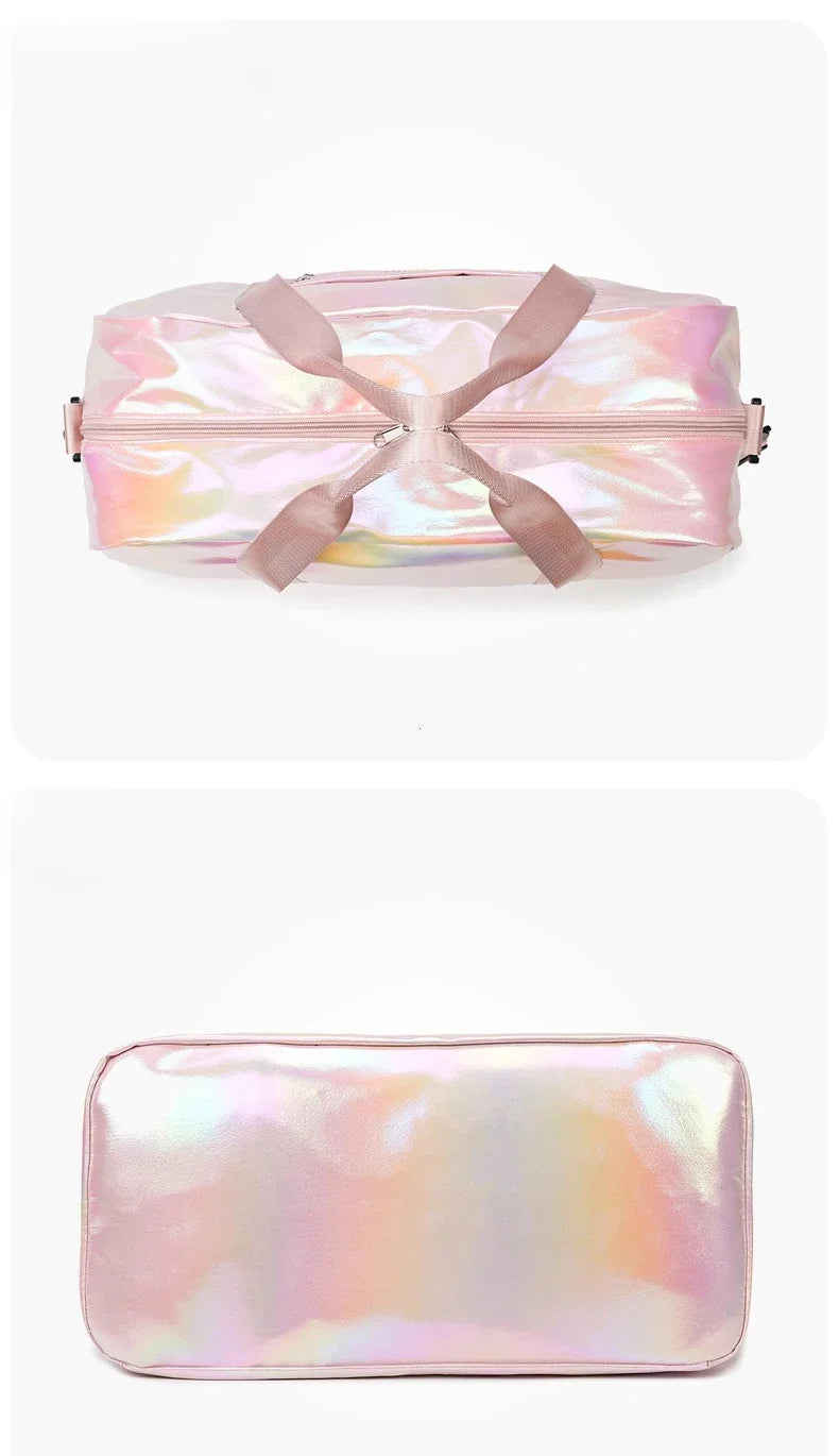 A pink iridescent travel duffel bag with a satin finish and fabric straps.