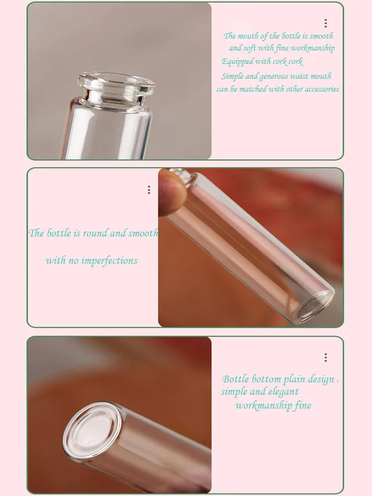 Three views of a glass bottle with a cork stopper showing its smooth finish and elegant design.