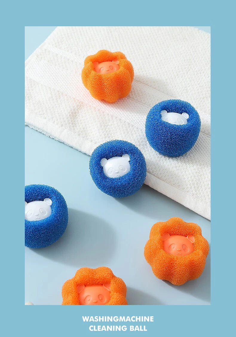 A collection of orange and blue reusable laundry balls used for washing machine cleaning.