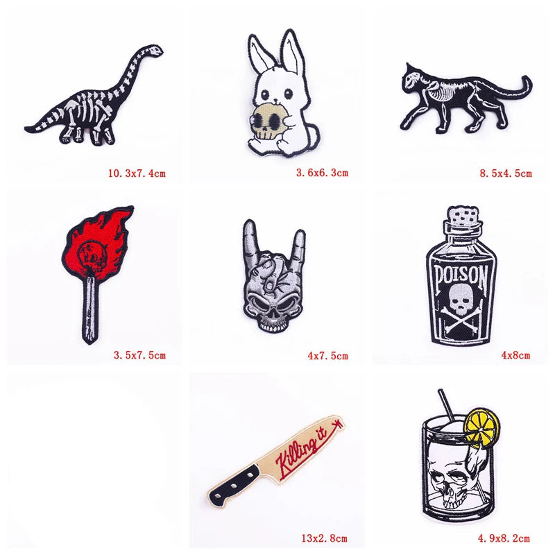 A set of ten embroidered iron-on patches featuring punk skull and horror designs.