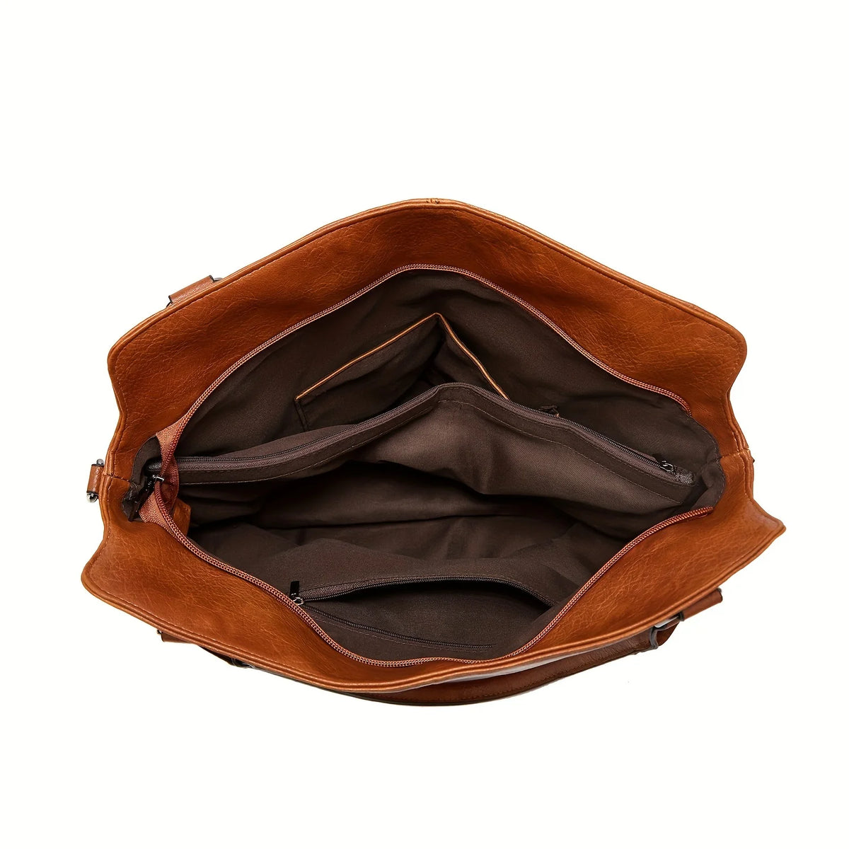 A brown PU leather tote bag with a visible interior lining and stitching.