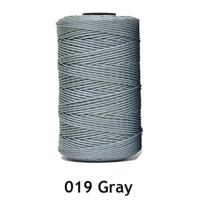 A spool of 1.5mm fine gray polyester thread for knitting and DIY crafts.