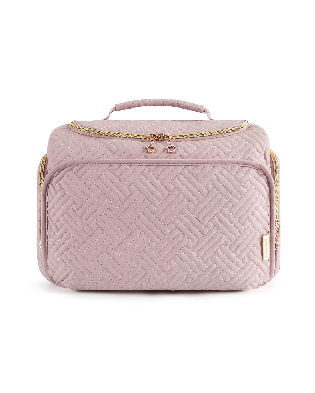 A light pink quilted toiletry bag with a handle and gold zipper details.