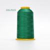 A spool of dark green polyester embroidery thread labeled COL.P223 with a yellow core.
