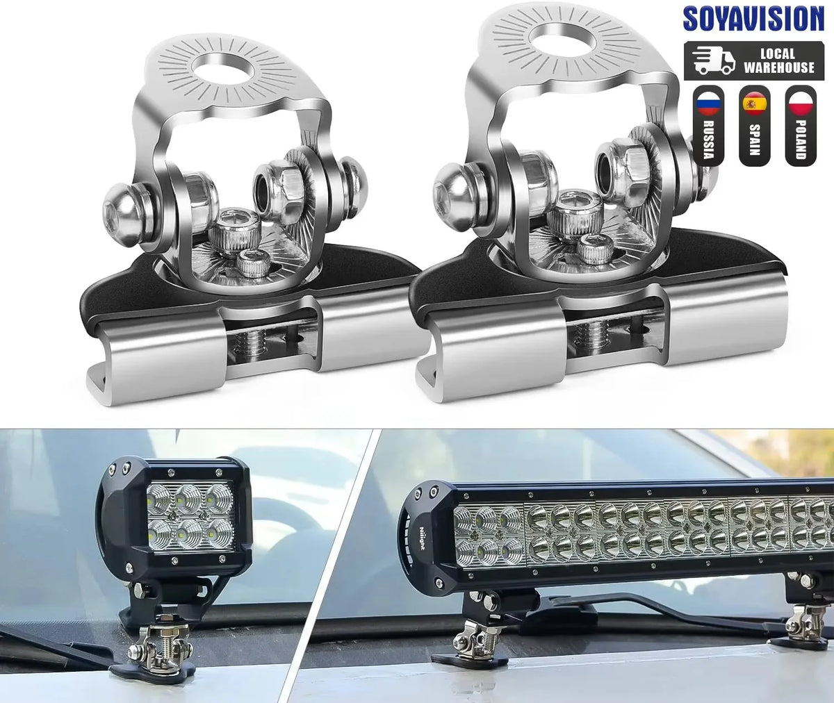 A pair of universal stainless steel LED work light mounting brackets for vehicle installation.