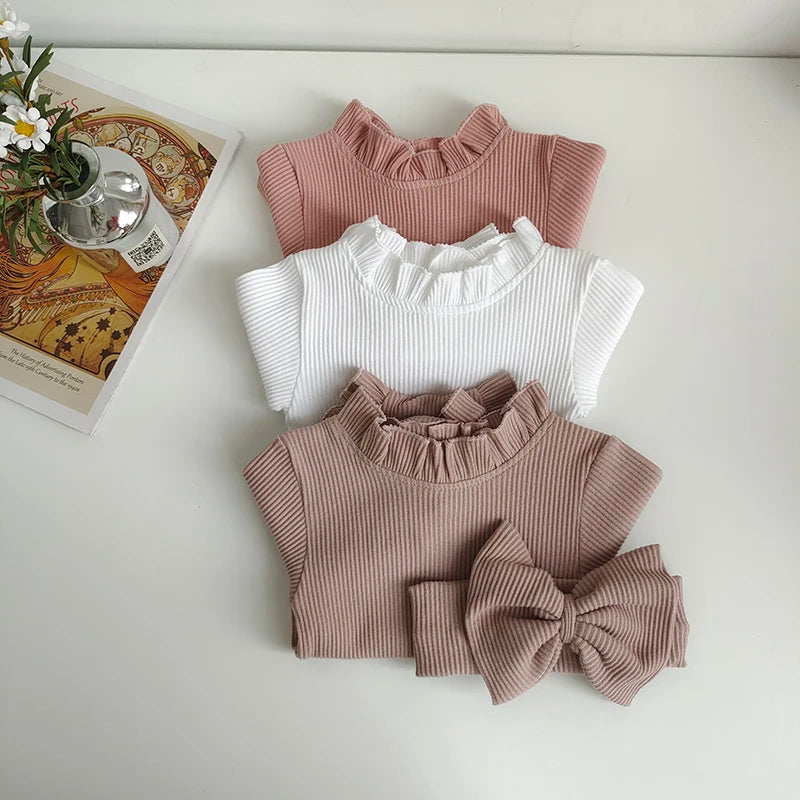 Cotton Romper Set with Bow Headband for Baby Girls