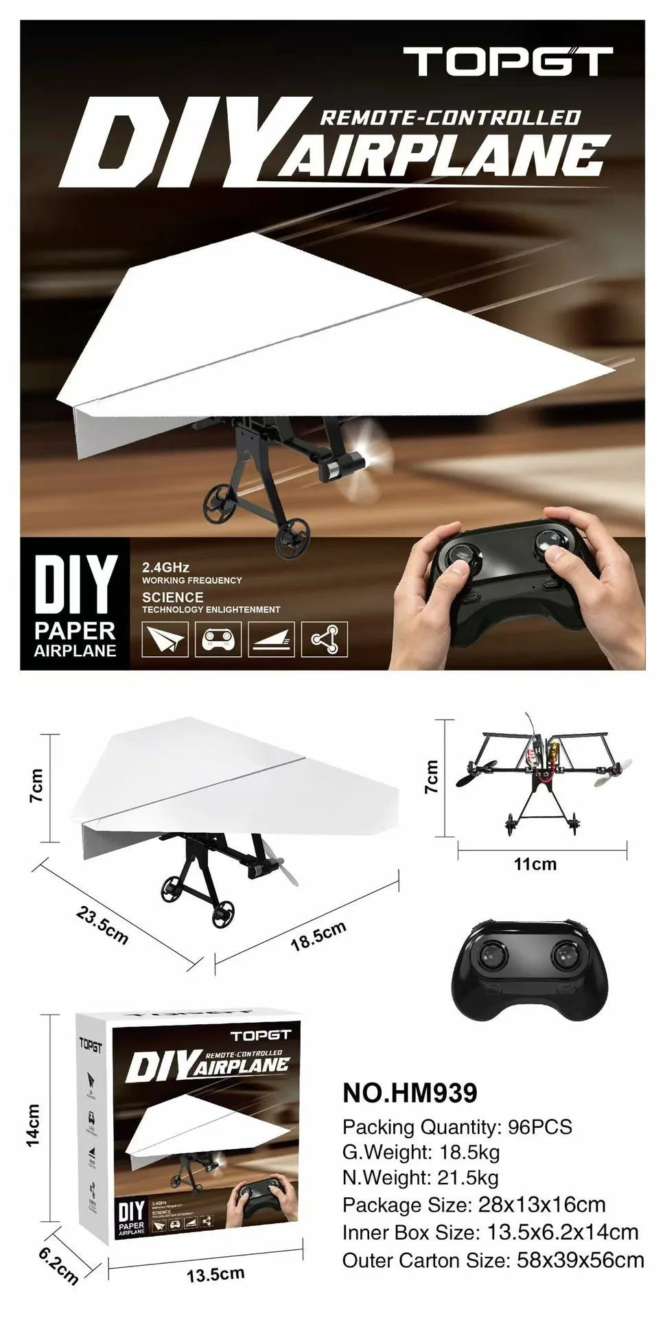 A kit for a DIY remote-controlled paper airplane, showing the finished plane and components.