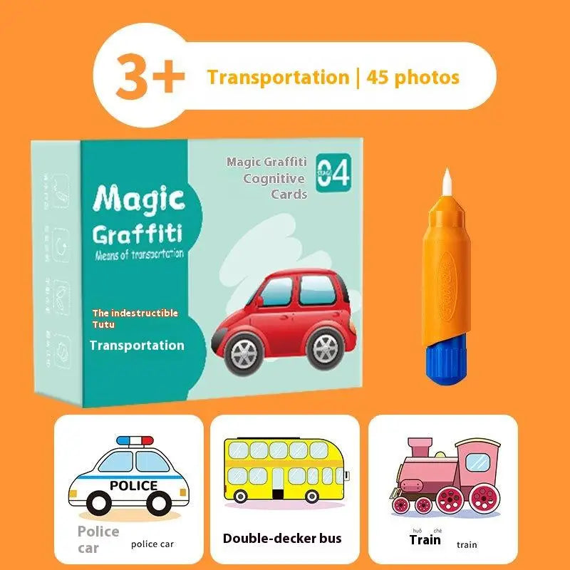 Magic Graffiti cognitive cards featuring transportation themes like cars, buses, and trains.