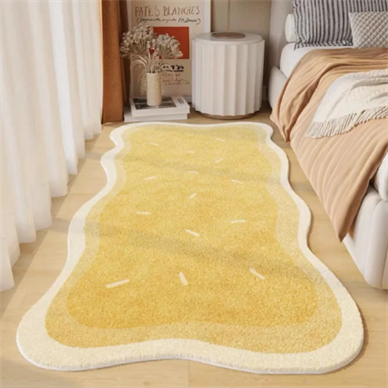 A rectangular yellow plush non-slip decorative area rug placed on a light wooden floor.