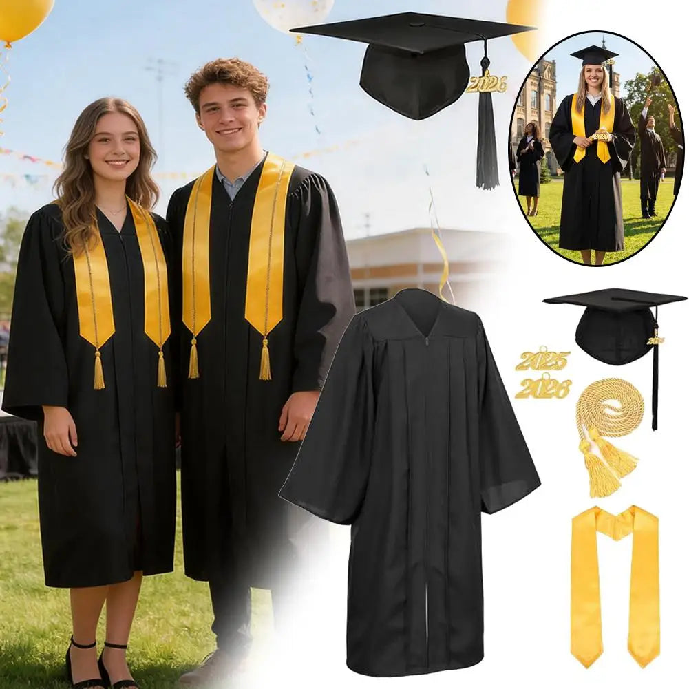 A black graduation gown and cap set with gold accents displayed next to a young man and woman.